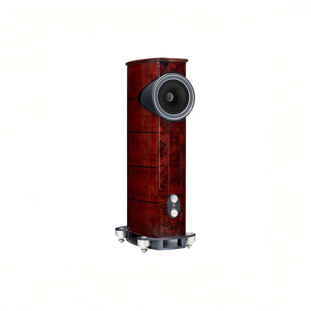 High-end wooden floor-standing speaker with modern design.