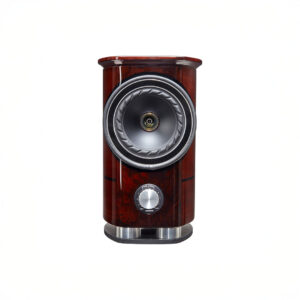 Elegant wooden speaker with volume control knob.