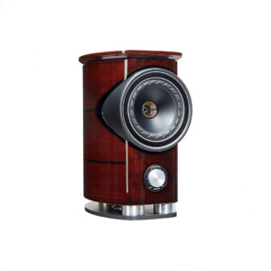 High-end wood finish speaker with volume knob.