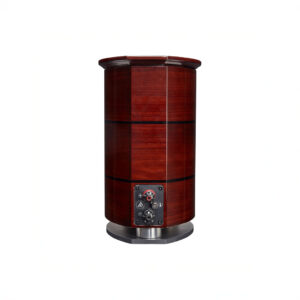 Wooden cylindrical speaker with control panel.