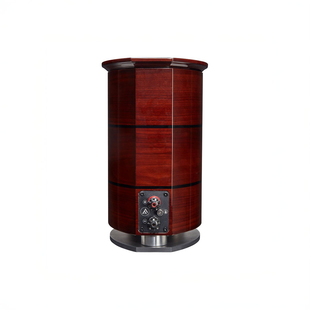 Wooden cylindrical speaker with control panel.