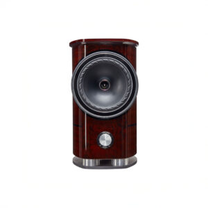 High-end wooden speaker with large cone design.
