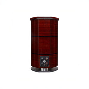 Wooden high-end audio speaker with control panel.