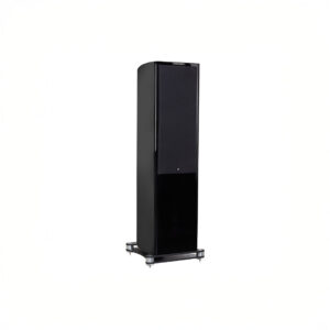 Black floor-standing speaker on white background