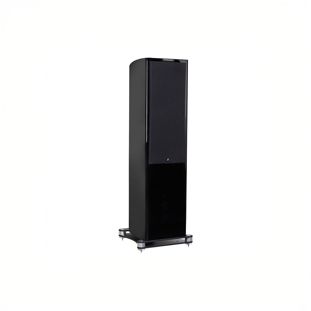 Black floor-standing speaker on white background