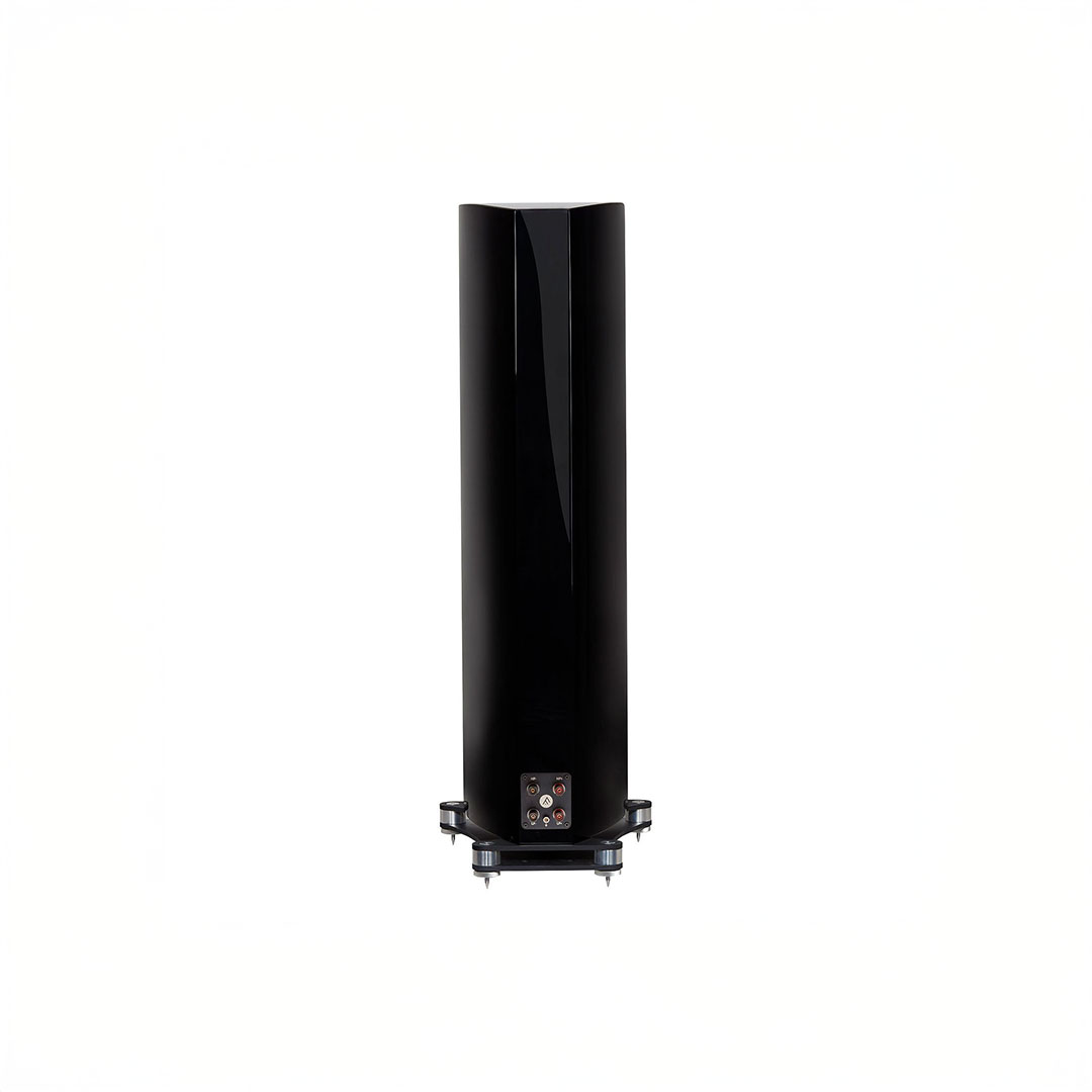 Sleek black tower speaker on white background