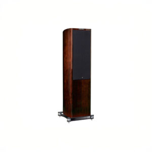 Wooden floor-standing speaker with black grille.