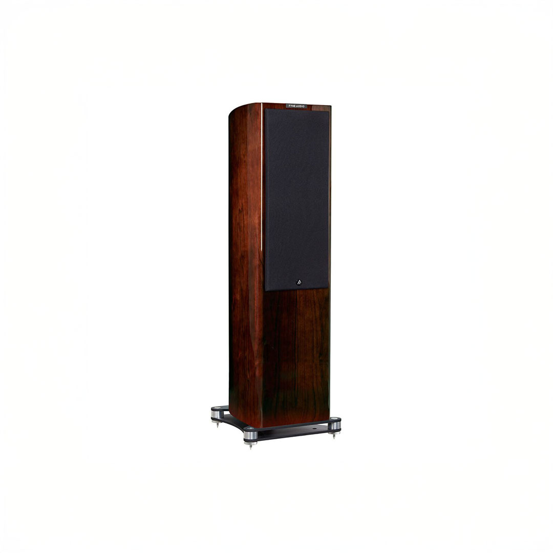 Wooden floor-standing speaker with black grille.