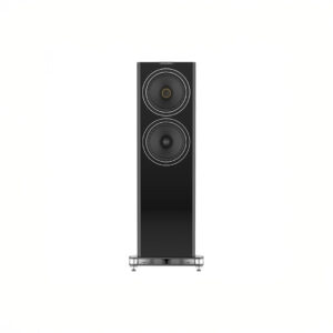 Black floor-standing speaker with dual drivers.