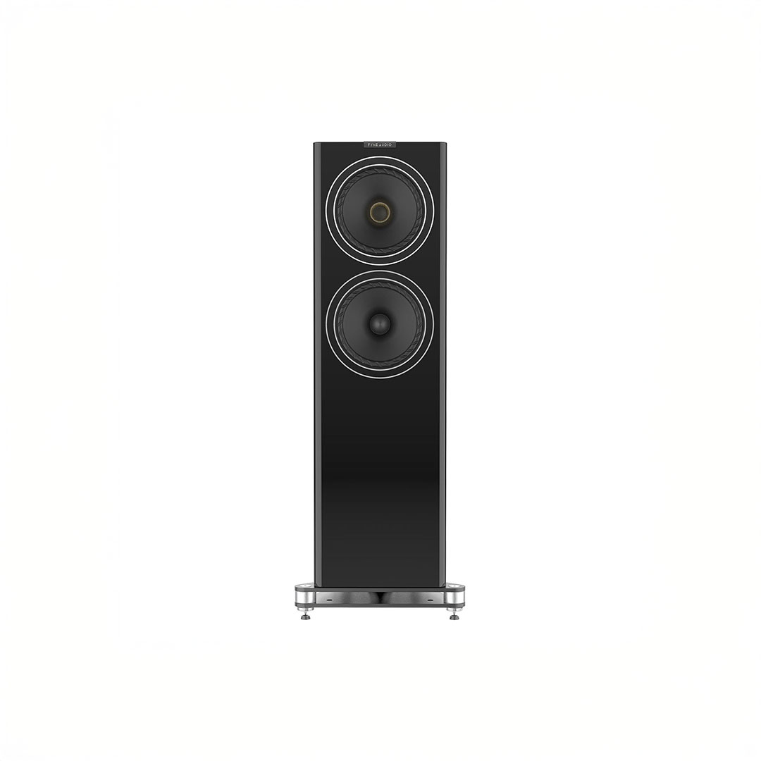 Black floor-standing speaker with dual drivers.