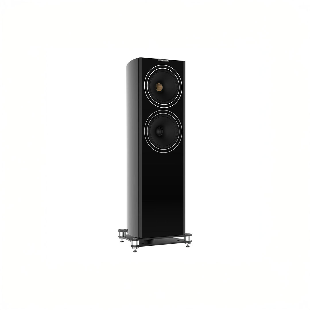 Modern black floor-standing speaker with two drivers.