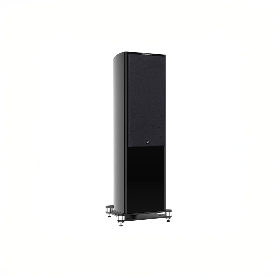Black floor-standing speaker on white background.