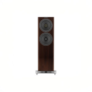 Wooden floor-standing speaker with dual drivers.