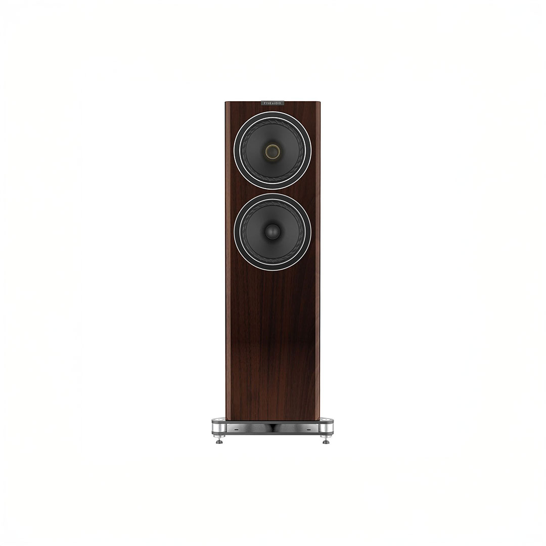 Wooden floor-standing speaker with dual drivers.