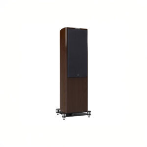 Elegant wooden floor-standing speaker with black grille.