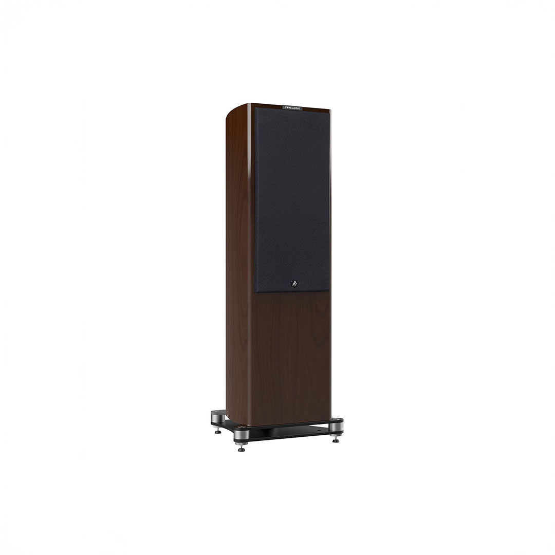 Elegant wooden floor-standing speaker with black grille.