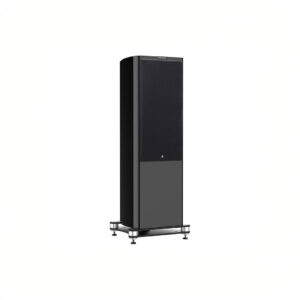 Black tower speaker on stand.