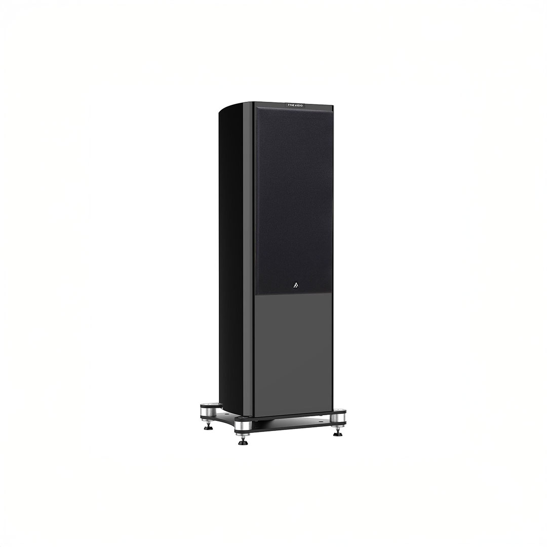 Black tower speaker on stand.