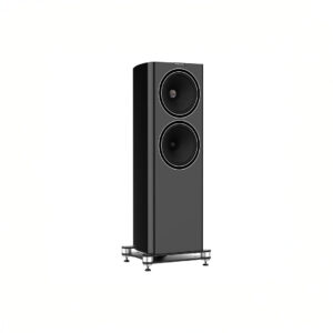 Black floor-standing speaker on white background