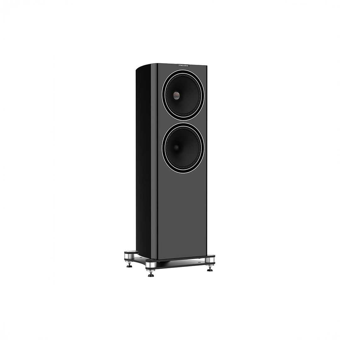 Black floor-standing speaker on white background