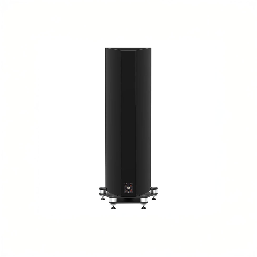 Black cylindrical subwoofer speaker on white background.