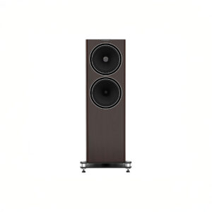 Dark wood floor-standing speaker, dual black drivers.