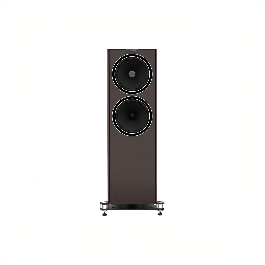 Dark wood floor-standing speaker, dual black drivers.