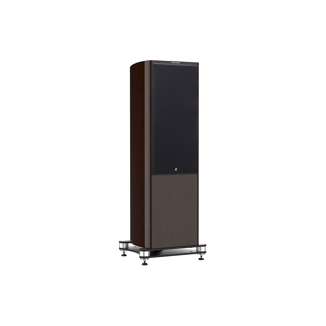 Modern wood floor speaker with black front panel.