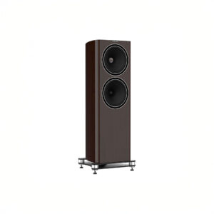 Modern wooden floor-standing speaker with dual drivers
