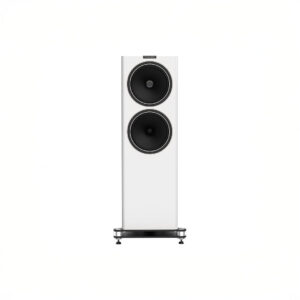 White floor-standing speaker with dual drivers.