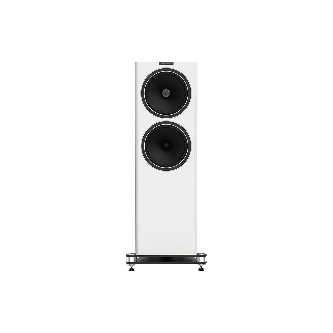 White floor-standing speaker with dual drivers.