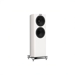 White floor-standing speaker with dual woofers.