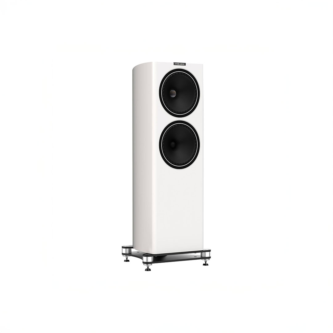 White floor-standing speaker with dual woofers.