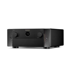High-end black audio preamplifier, front view