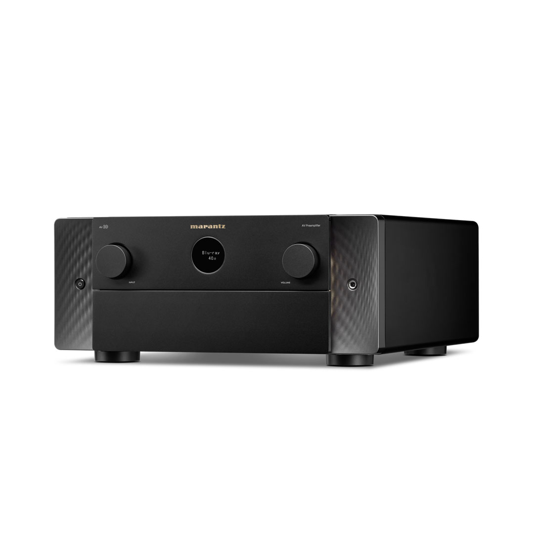 High-end black audio preamplifier, front view