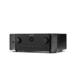 Black AV surround sound amplifier with knobs and buttons.