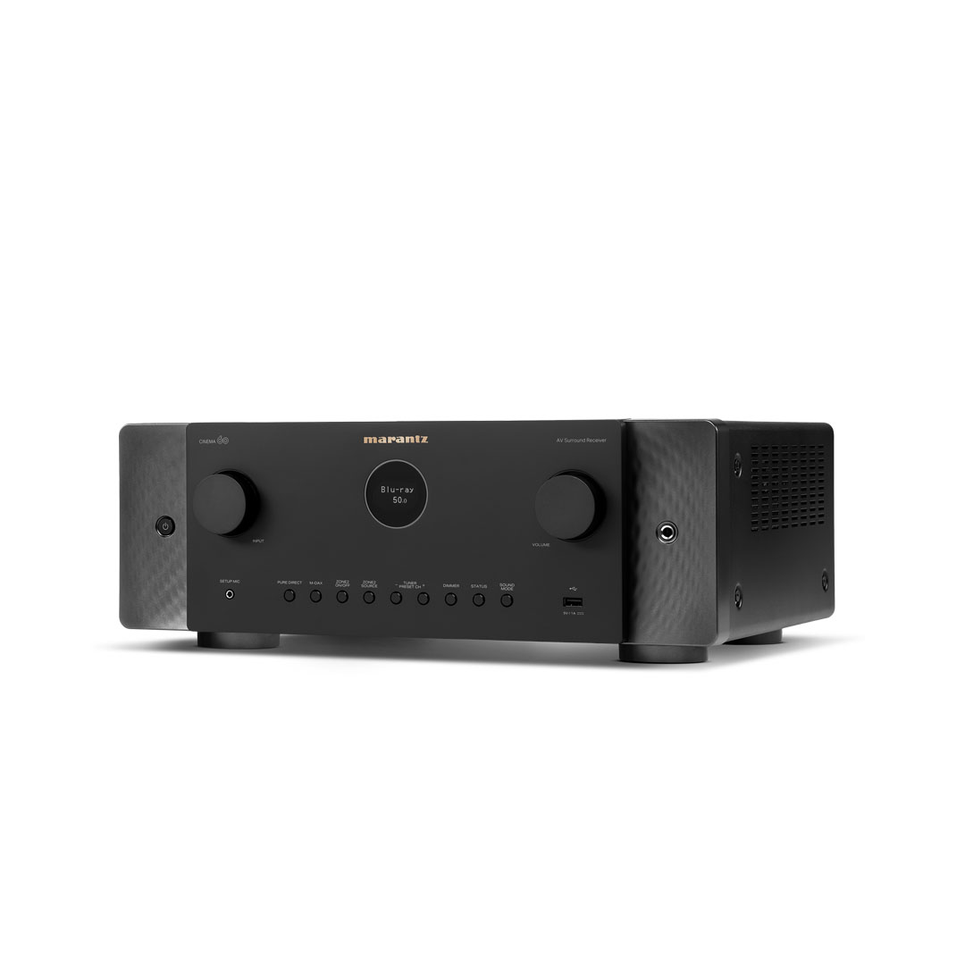 Black AV surround sound amplifier with knobs and buttons.