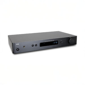 Black integrated amplifier with digital display.