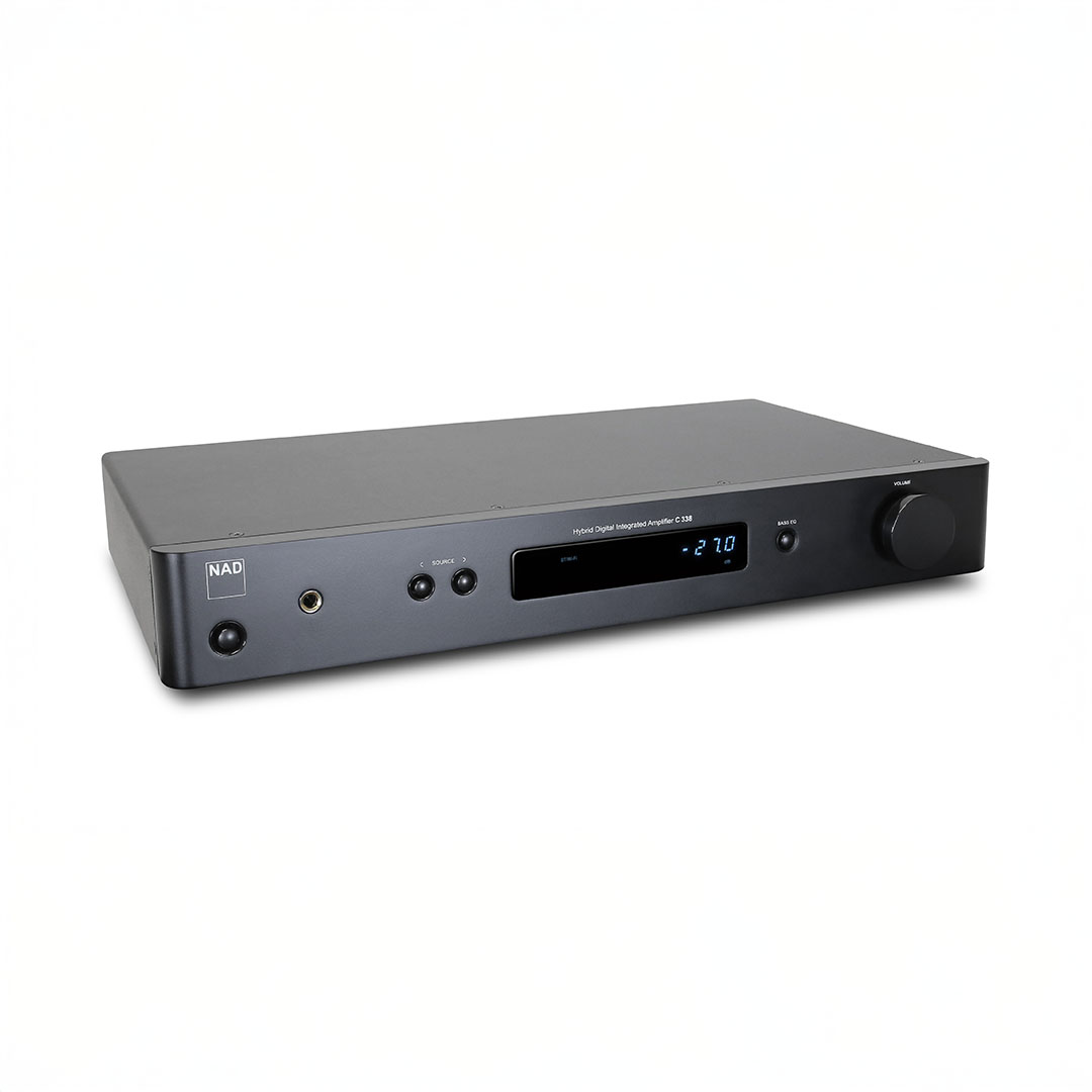 Black integrated amplifier with digital display.