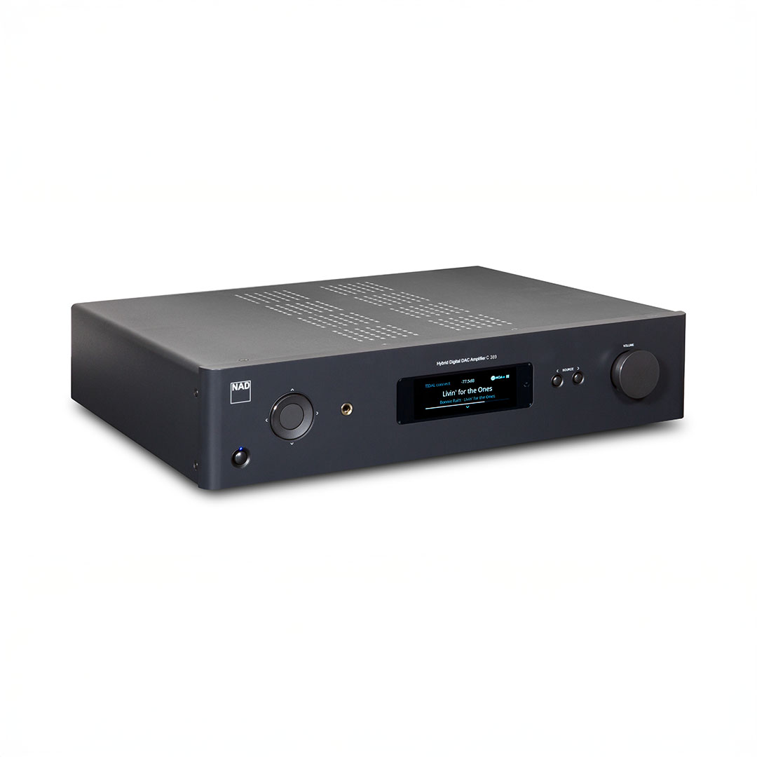 Black audio amplifier with digital display and controls.