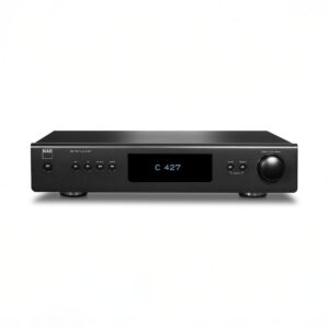 Black audio receiver with digital display.