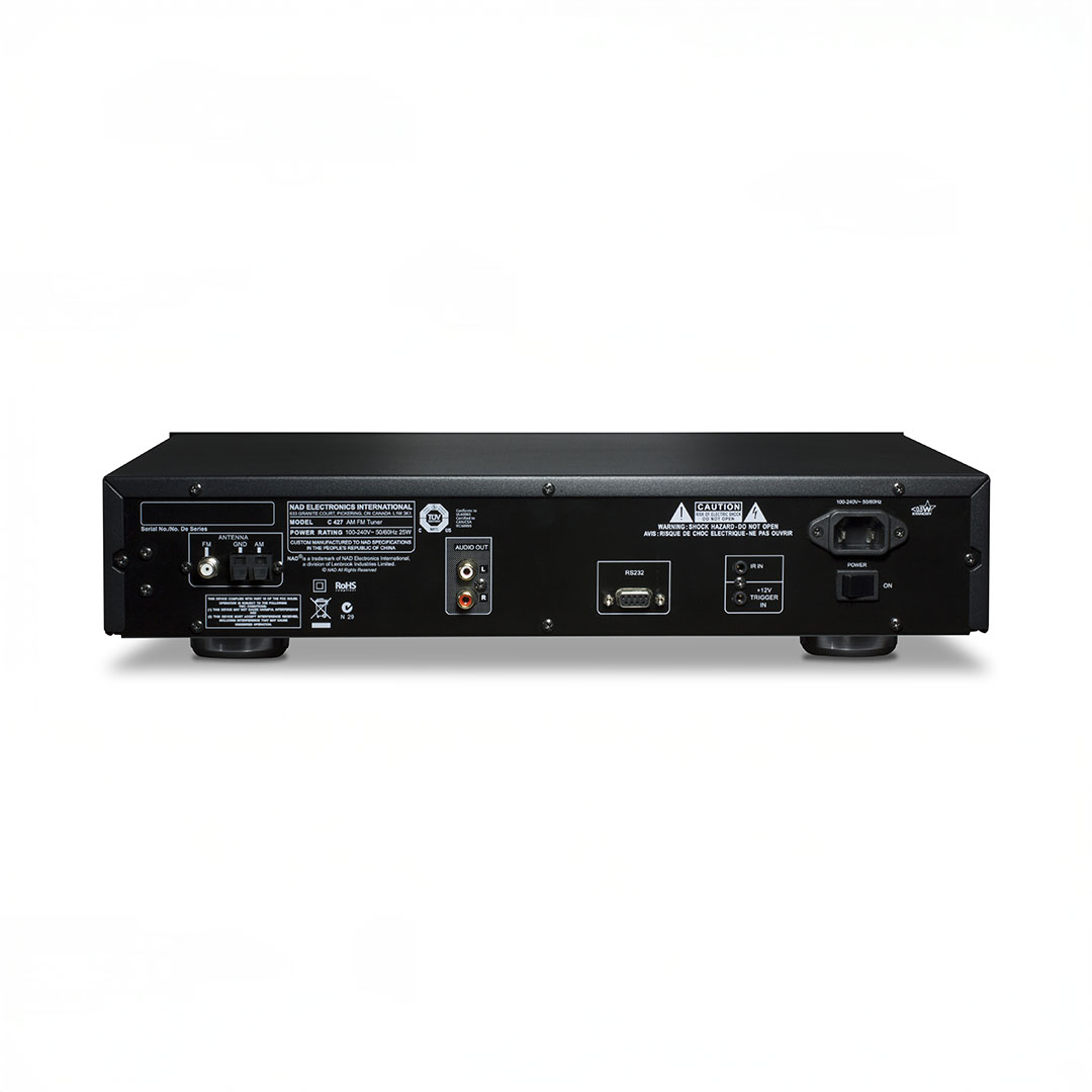 Back panel of hi-fi audio equipment with connectors.