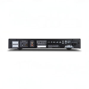 Back panel of audio equipment with multiple connections.