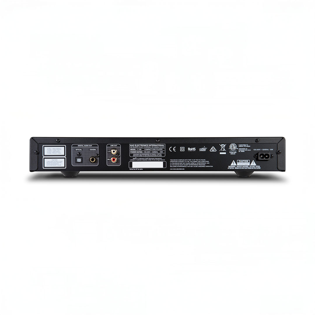 Back panel of audio equipment with multiple connections.