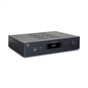 Gray audio streaming amplifier on white background