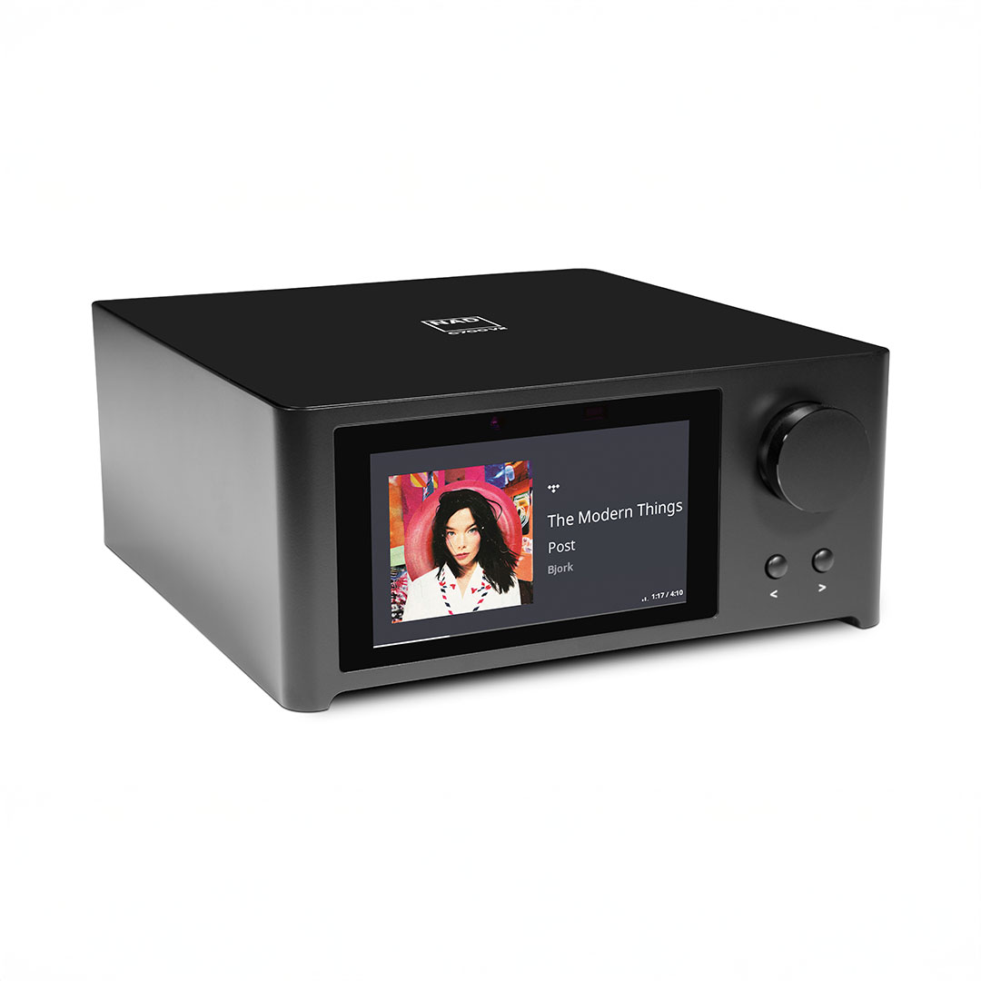 Modern audio system playing music with display screen.