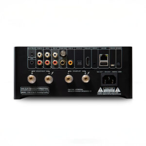 Back panel of audio equipment with various input ports.