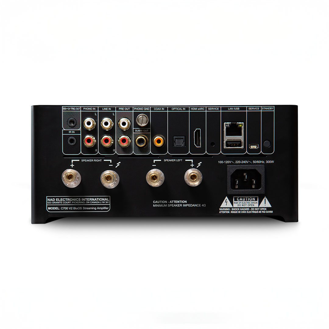 Back panel of audio equipment with various input ports.