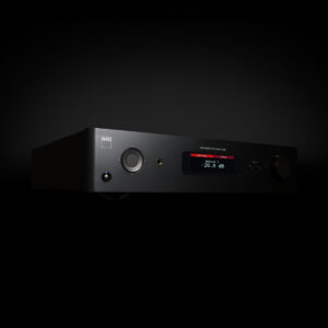 NAD hybrid digital DAC amplifier, black, on display.
