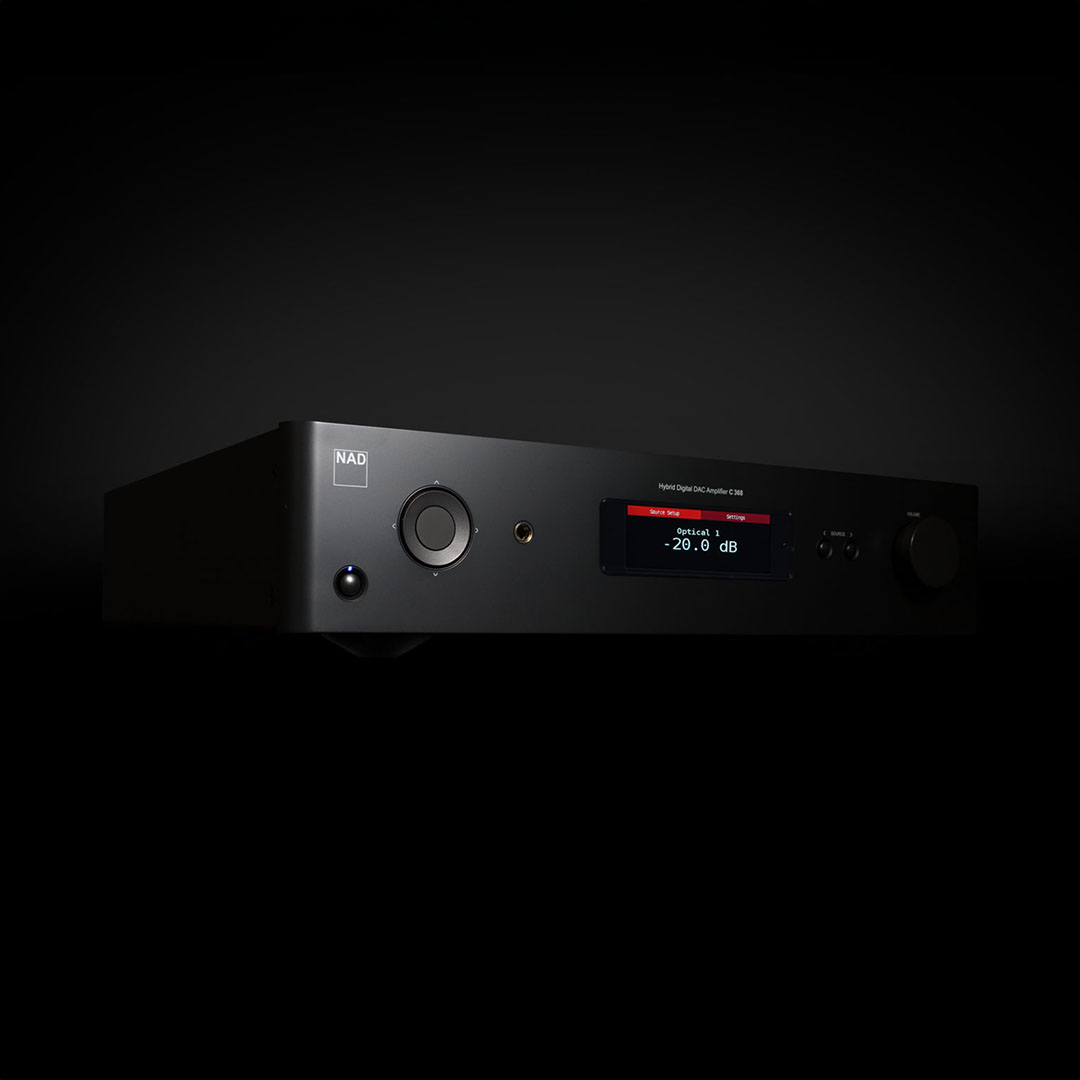 NAD hybrid digital DAC amplifier, black, on display.